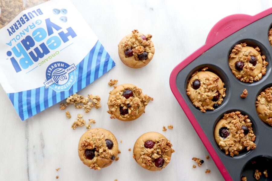 Gluten-Free Blueberry Granola Muffins on Marble Board and In Muffin Tin